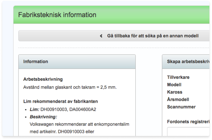 Skärmbild på funktionen fabriksteknisk information i ATI-Glas.