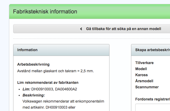 Skärmbild på funktionen fabriksteknisk information i ATI-Glas.