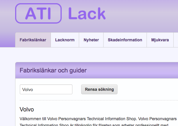 Skärmbild på funktionen fabrikslänkar i ATI-Lack.