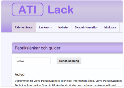 Skärmbild på funktionen fabrikslänkar i ATI-Lack.