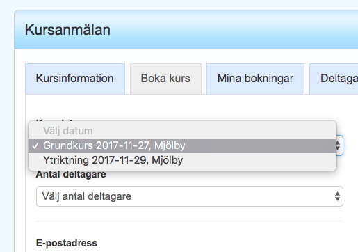 Skärmbild på kursbokning i ATI-Plåt.